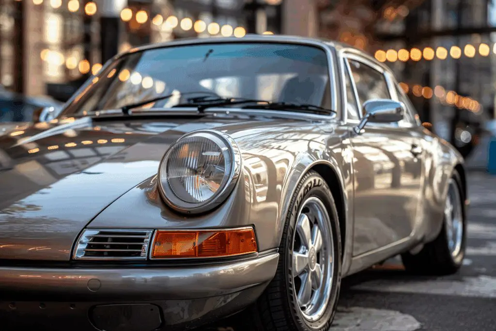 Klassischer Oldtimer mit spiegelndem Lack steht in einer hell erleuchteten Innenstadt – deutlicher Fokus auf hochwertiger Karosseriepflege.