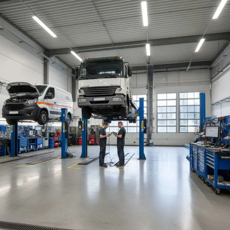 Mehrere Nutzfahrzeuge in einer modernen NFZ-Werkstatt bei der Reparatur