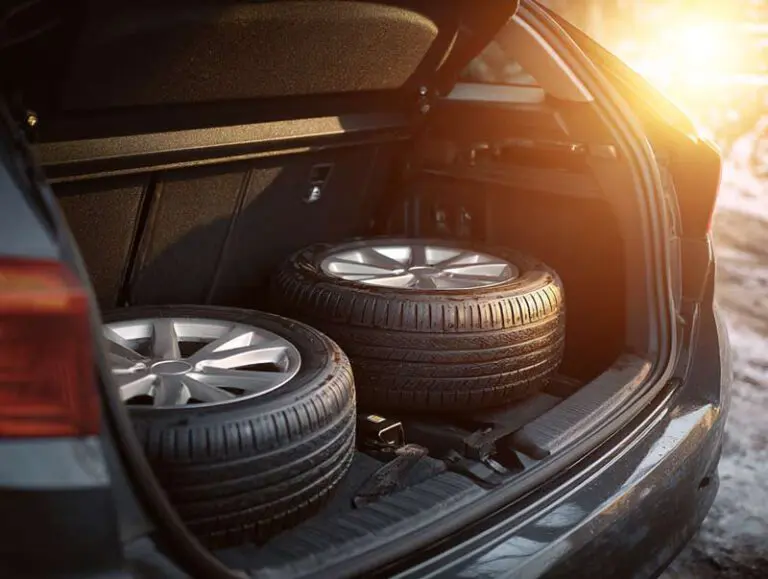 Ein geöffneter Kofferraum zeigt zwei vollständige Radsätze – Sommerreifen und Winterreifen – bereit für den Saisonwechsel.