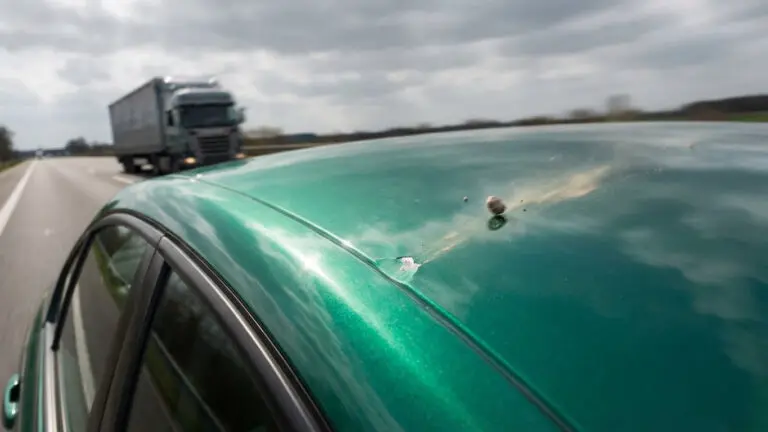 Ein Stein springt auf der Autobahn vom Reifen eines LKWs gegen das Dach eines Pkw.