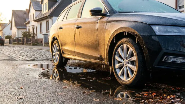 Ein geparktes Auto mit Frost und Feuchtigkeit an einem typischen Wintermorgen – ideale Bedingungen für Rostbildung.