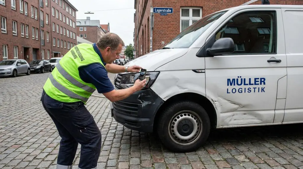 Fahrer fotografiert Stoßstangenschaden an einem Firmenfahrzeug zur Dokumentation.