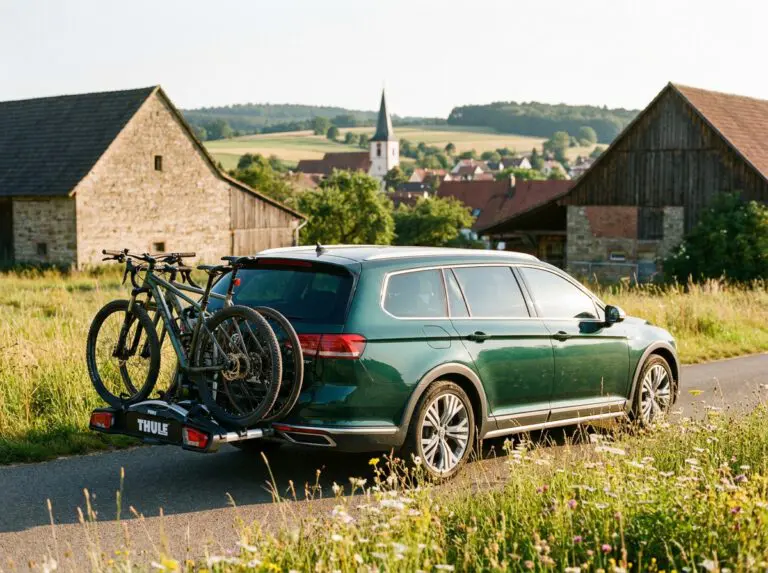 Grünes Fahrzeug mit montiertem Fahrradträger und zwei Fahrrädern im Sommer