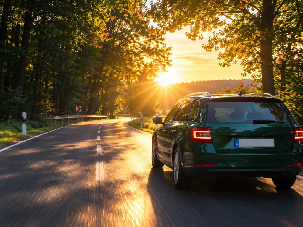 Grünes Auto fährt auf einer kurvigen Landstraße aus einem schattigen Bereich direkt in tief stehendes Sonnenlicht.