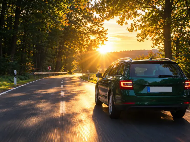 Grünes Auto fährt auf einer kurvigen Landstraße aus einem schattigen Bereich direkt in tief stehendes Sonnenlicht.