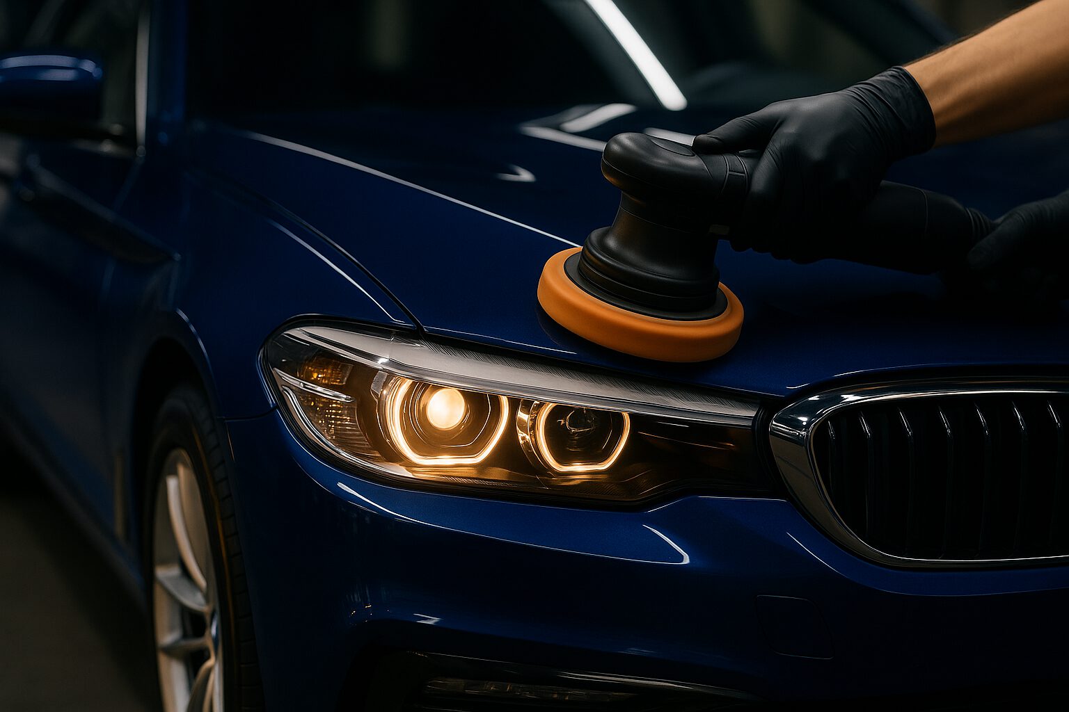 Ein Auto wird mit einer Poliermaschine auf Hochglanz gebracht; die Scheinwerfer sind eingeschaltet.