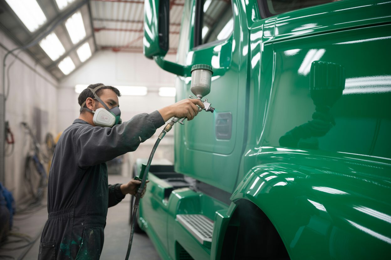 Professionelle Lackierung eines großen Nutzfahrzeugs in Grün durch einen Lackierer mit Atemschutzmaske in einer industriellen Lackierkabine.