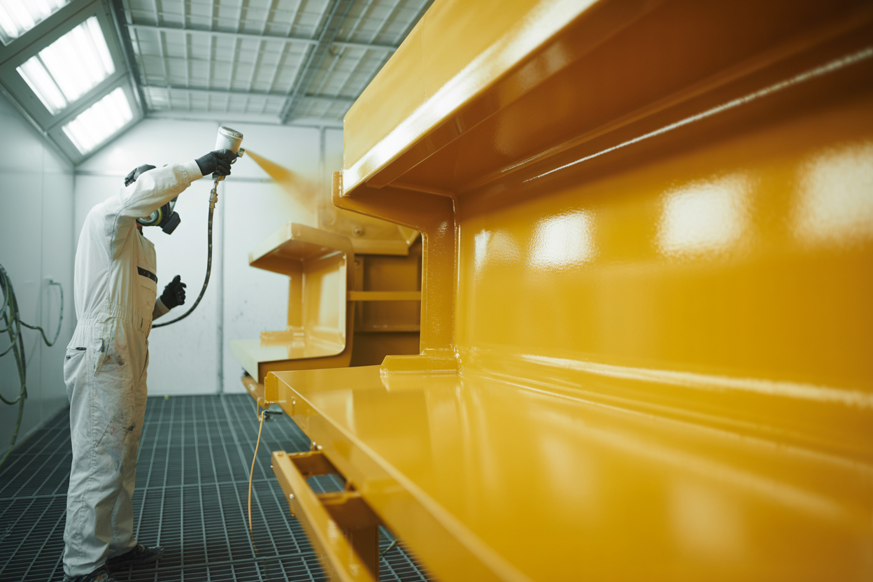 Ein Lackierer im Schutzanzug trägt gelben Industrielack auf große Metallkomponenten in einer spezialisierten Lackierkabine auf.