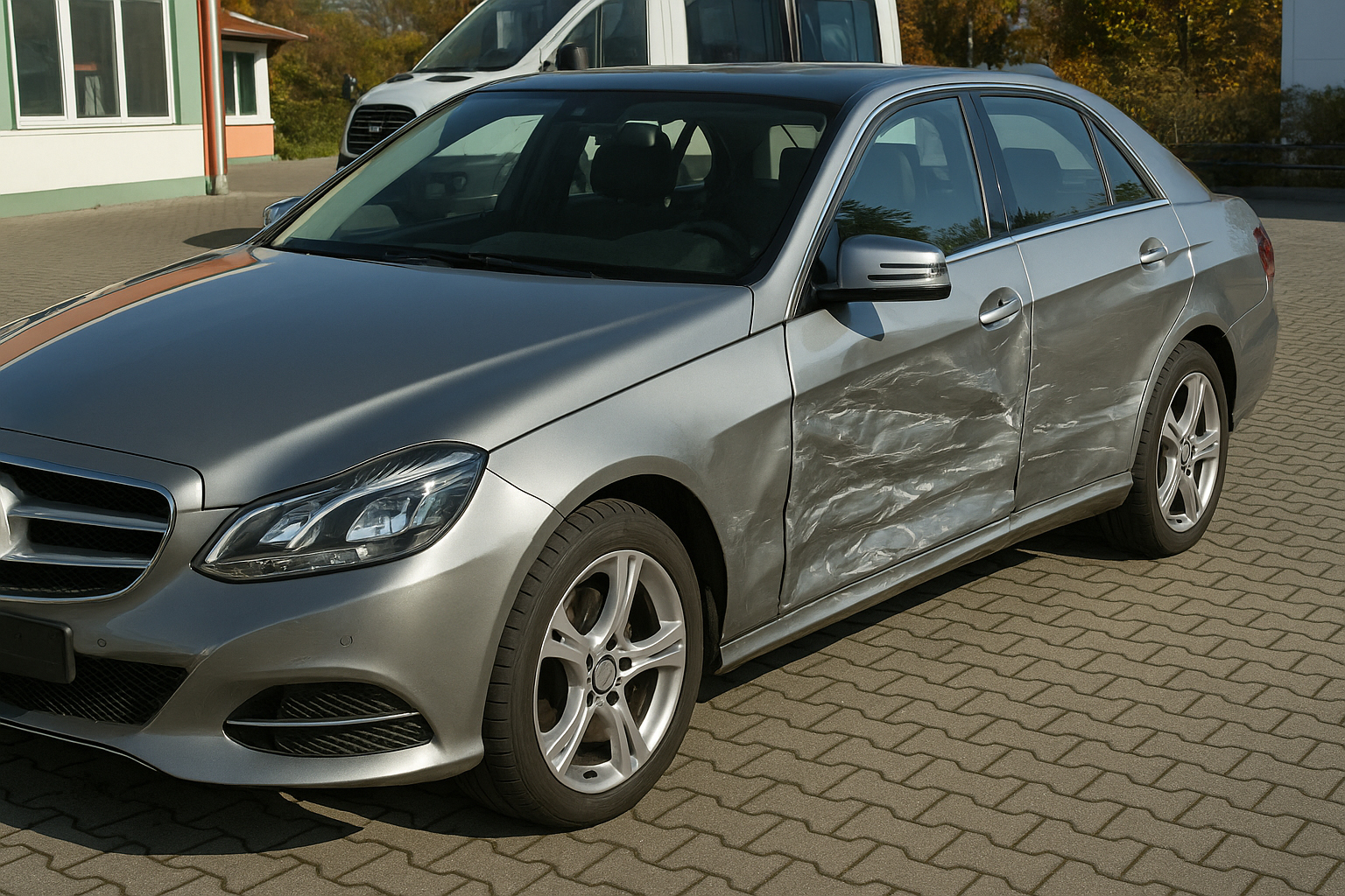 Fahrzeug mit deutlich sichtbarem Karosserieschaden auf der linken Seite und instandgesetzter rechter Seite im direkten Vorher-Nachher-Vergleich.