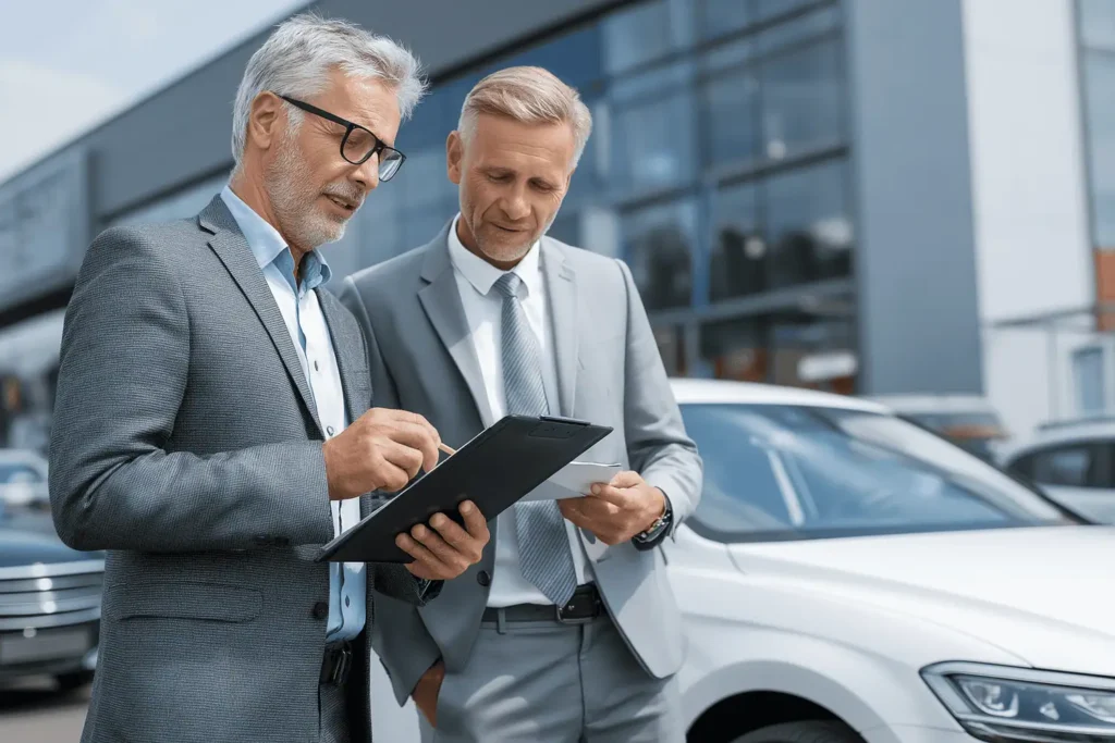 Ein Gutachter und ein Fahrzeughalter begutachten gemeinsam ein Auto vor der Rückgabe