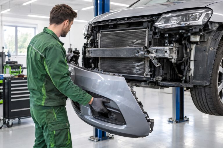Karosseriebauer in grüner Arbeitskleidung nimmt in heller Werkstatt den Stoßfänger eines Autos ab