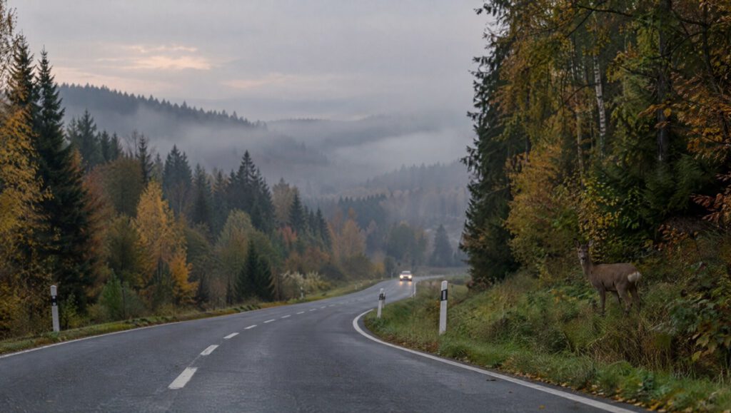 Wildunfall – was tun? Reh am Waldrand einer nebligen Landstraße im Vogtland in der Abenddämmerung